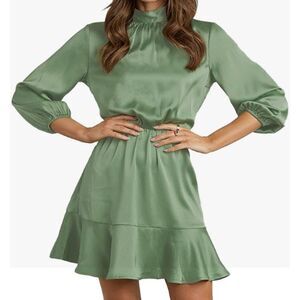 Women's Green Satin Look Short Dress Long Lantern Sleeve Mini Dress, Small